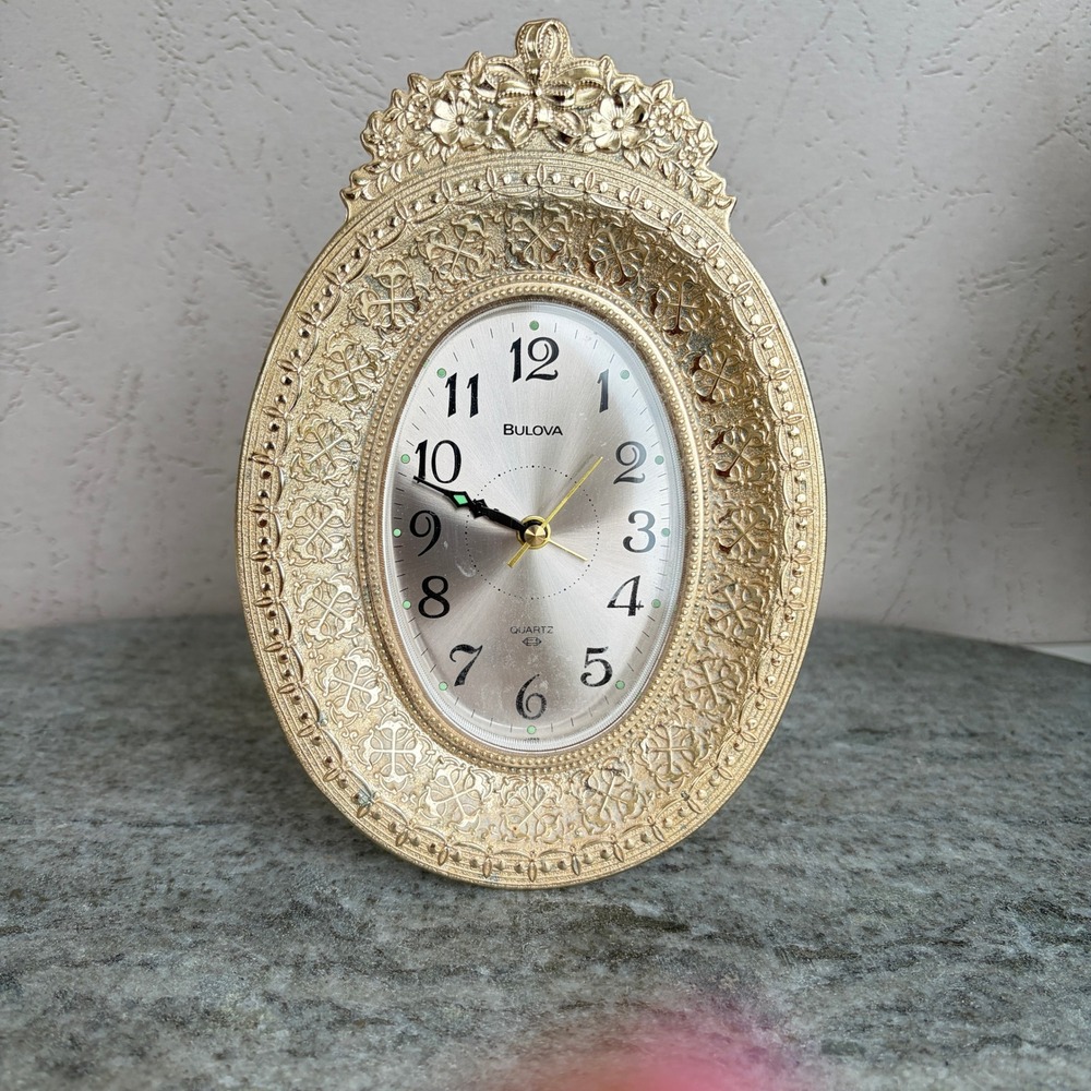 Bulova Quartz Alarm Clock Gold Tone Ornate Filigree Oval Table Desk 4RE708